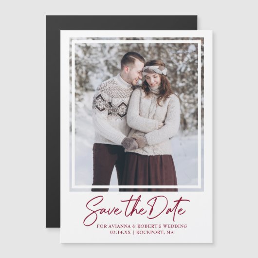 Burgundy Red Text en foto Save the Date Magnetische Uitnodiging (Voorkant / Achterkant)