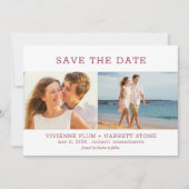 Burgundy Red Text Three Photo Wedding Save The Date (Voorkant)