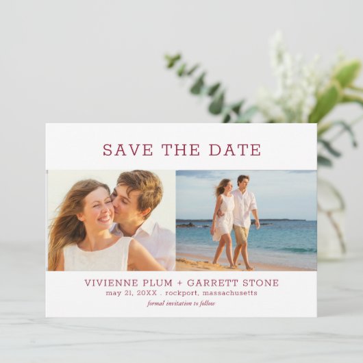 Burgundy Red Text Three Photo Wedding Save The Date (Staand voorkant)