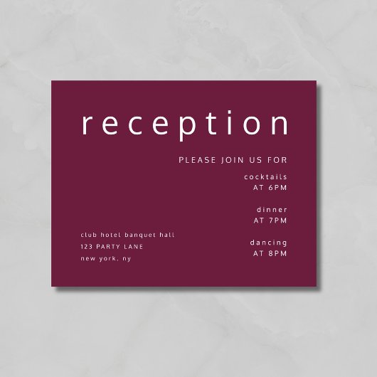Burgundy Red Typografie Elegant Wedding Reception Informatiekaartje