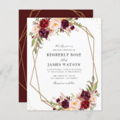 Burgundy red waterverf floral bruiloft-uitnodiging (Voorkant / Achterkant)