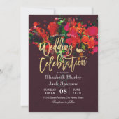 Burgundy Red Waterverf Floral Gold Script Weduwsch Kaart (Voorkant)
