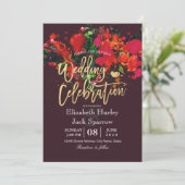 Burgundy Red Waterverf Floral Gold Script Weduwsch Kaart (Staand voorkant)