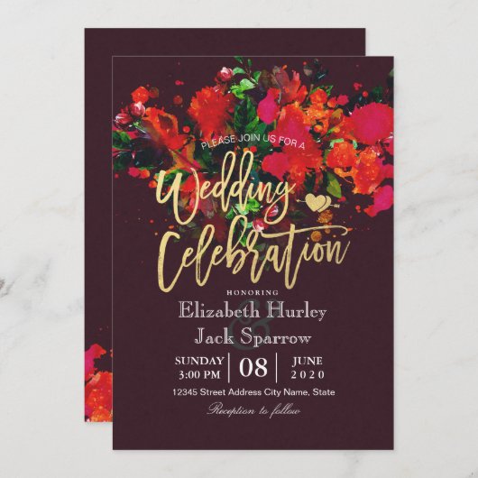 Burgundy Red Waterverf Floral Gold Script Weduwsch Kaart (Voorkant / Achterkant)