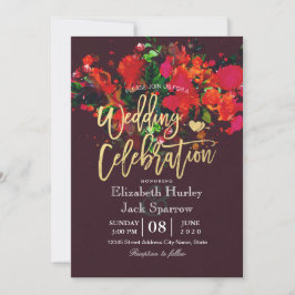 Burgundy Red Waterverf Floral Gold Script Weduwsch Kaart
