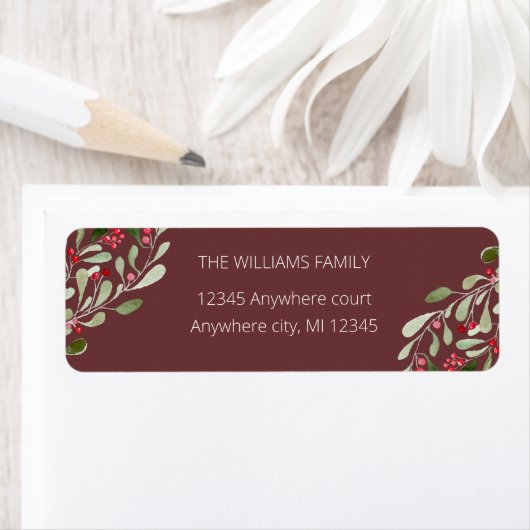 Burgundy red waterverf holly return address label (Insitu)