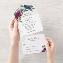 Burgundy Red White Blue Floral Christelijk huwelij All In One Uitnodiging