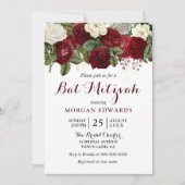 Burgundy Red White Floral Bat Mitzvah Uitnodiging (Voorkant)
