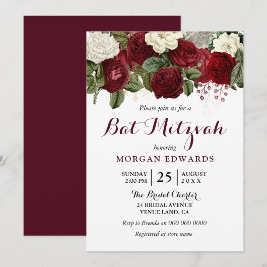 Burgundy Red White Floral Bat Mitzvah Uitnodiging (Voorkant / Achterkant)