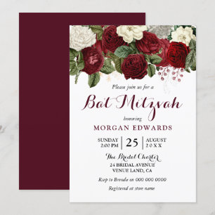 Burgundy Red White Floral Bat Mitzvah Uitnodiging