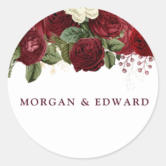 Burgundy Red White Floral bruiloft Verloving Ronde Sticker (Voorkant)