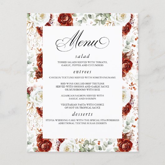 Burgundy Red White Floral Elegant Wedding Menu (Voorkant)