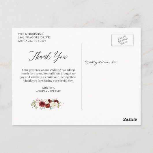 Burgundy Red White Floral Gold Confetti Briefkaart (Achterkant)