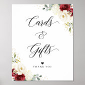 Burgundy Red White Floral-Kaarten en cadeaubonzen Poster (Voorkant)