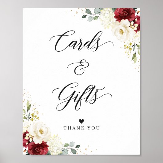 Burgundy Red White Floral-Kaarten en cadeaubonzen Poster (Voorkant)