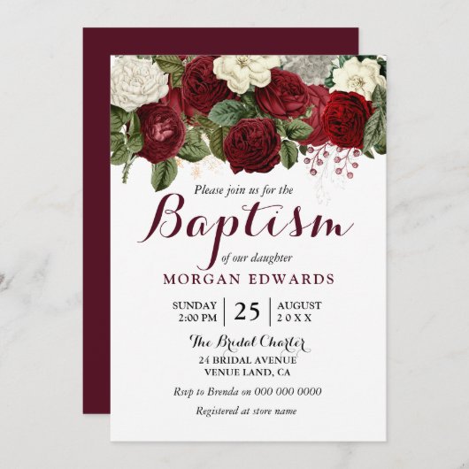 Burgundy Red White Floral Neutral Baptism Invite Kaart (Voorkant / Achterkant)
