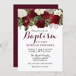 Burgundy Red White Floral Neutral Baptism Invite Kaart