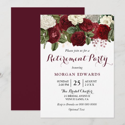 Burgundy Red White Floral Retirement Party Invite Kaart (Voorkant / Achterkant)