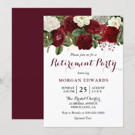 Burgundy Red White Floral Retirement Party Invite Kaart
