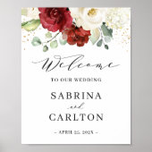 Burgundy Red White Floral Wedal Welcome Sign Poster (Voorkant)