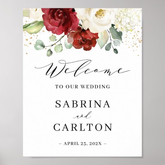 Burgundy Red White Floral Wedal Welcome Sign Poster (Voorkant)