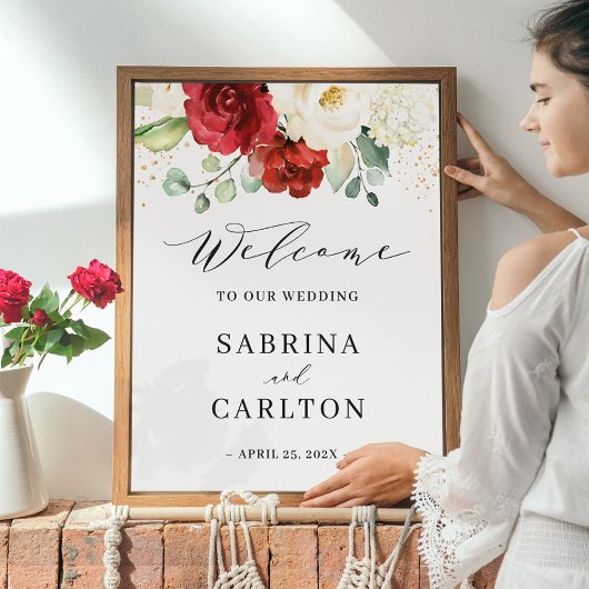 Burgundy Red White Floral Wedal Welcome Sign Poster
