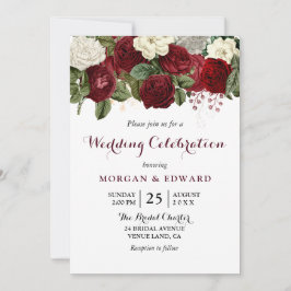 Burgundy Red White Floral Wedding Celebration Kaart