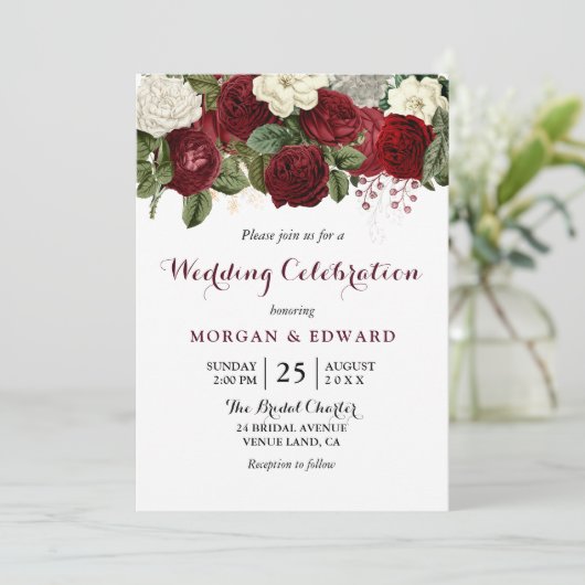 Burgundy Red White Floral Wedding Celebration Kaart (Staand voorkant)