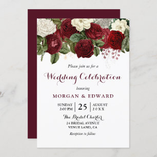 Burgundy Red White Floral Wedding Celebration Kaart