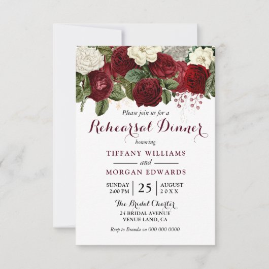 Burgundy Red White Floral Wedding Rehearsal Dinner Kaart (Voorkant)