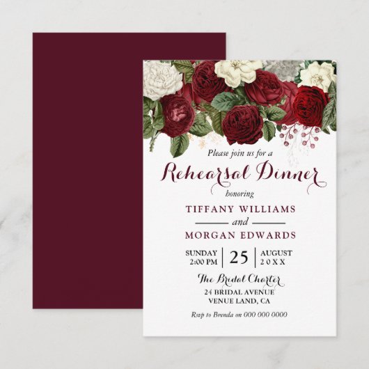 Burgundy Red White Floral Wedding Rehearsal Dinner Kaart (Voorkant / Achterkant)