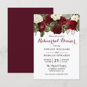 Burgundy Red White Floral Wedding Rehearsal Dinner Kaart