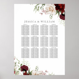 Burgundy Red White Floral Wedding Seating Chart Poster