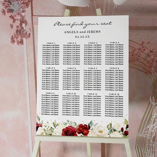 Burgundy Red White Floral Wedding Seating Chart Poster