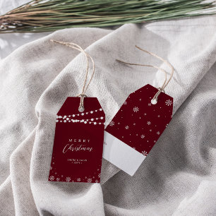 Burgundy Red White   Kerstmis met licht en sneeuw Cadeaulabel