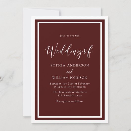 Burgundy Red White Modern Elegant Simple Wedding Kaart (Voorkant)