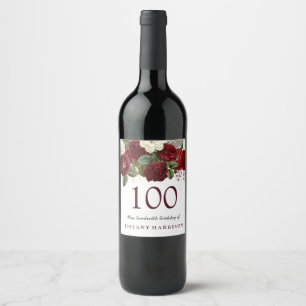 Burgundy Red White Rose 100e verjaardag Wijn Etiket