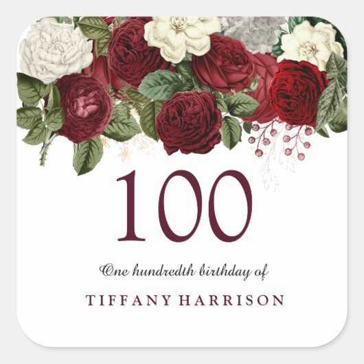 Burgundy Red White Rose 100th Birthday Sticker (Voorkant)