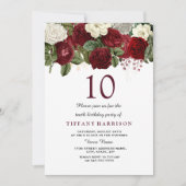 Burgundy Red White Rose 10th Birthday Party Invite Kaart (Voorkant)