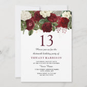 Burgundy Red White Rose 13th Birthday Party Invite Kaart (Voorkant)