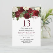 Burgundy Red White Rose 13th Birthday Party Invite Kaart (Staand voorkant)