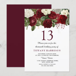 Burgundy Red White Rose 13th Birthday Party Invite Kaart