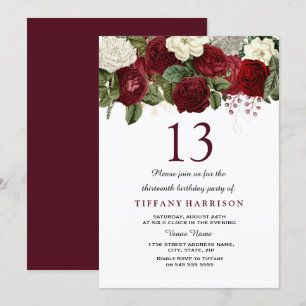 Burgundy Red White Rose 13th Birthday Party Invite Kaart