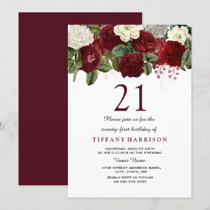 Burgundy Red White Rose 21st Birthday Party Invite Kaart