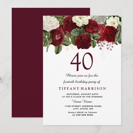 Burgundy Red White Rose 40th Birthday Party Invite Kaart (Voorkant / Achterkant)