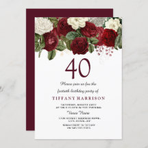 Burgundy Red White Rose 40th Birthday Party Invite
