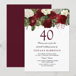 Burgundy Red White Rose 40th Birthday Party Invite Kaart