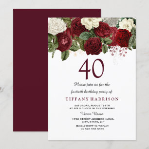 Burgundy Red White Rose 40th Birthday Party Invite Kaart