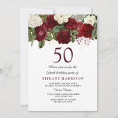 Burgundy Red White Rose 50th Birthday Party Invite Kaart (Voorkant)