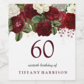 Burgundy Red White Rose 60th Birthday Party Wijn Etiket (Enkel label)
